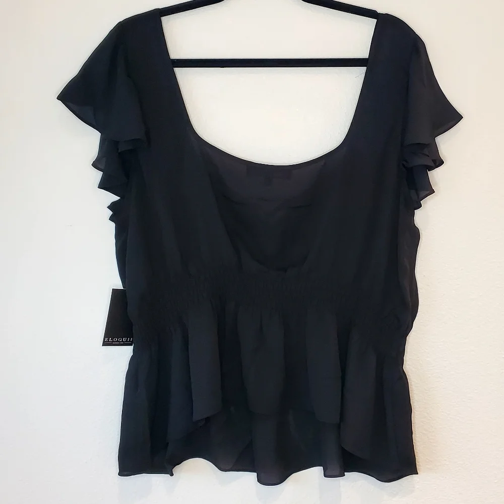 Eloquii Black Flutter Sleeve Blouse With Tie Detail Size 18 - Picture 3 of 11